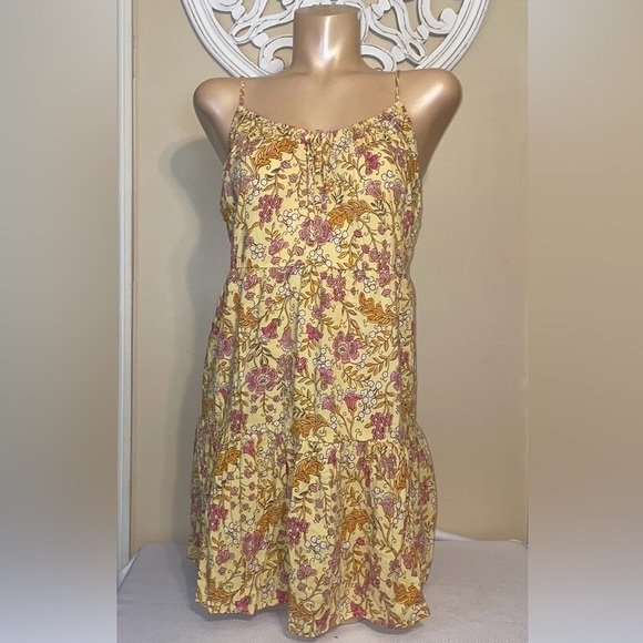 Old Navy women’s dress medium mini yellow  pink cami tie flowy boho floral print - Picture 1 of 9
